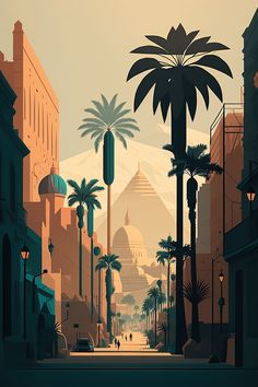 a city street with palm trees, buildings and mountains in the backgrouds