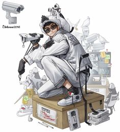 a drawing of a person sitting on top of a box holding a drill and some tools