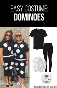 two women dressed in black and white polka dot outfits with the words easy costume dominoes