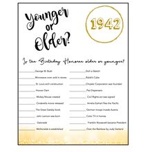 an image of a birthday party game with the words younger or older in black and gold