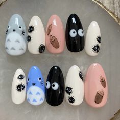 Soot Sprite Nail Designs, Totoro Nails Designs, Cutesy Nails Acrylic, Gibli Studio Nail Art, Charizard Nails, Gremlin Nails, Totoro Nails Studio Ghibli, Wes Anderson Nails, My Neighbor Totoro Nails