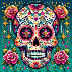 a colorful sugar skull with roses on it