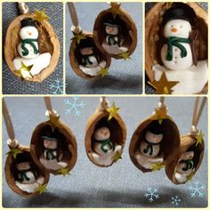 four pictures of snowmen in small christmas ornaments