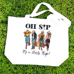 The Oh Sip It’s a Girl’s Trip Tote Bag is your ultimate companion for those crazy, it never happened adventures and unforgettable moments with your girls! Crafted with durable materials and featuring a spacious interior, this tote bag is the epitome of practicality and style. Whether you're planning a girls' trip or a weekend winery getaway, it's the perfect accessory to accompany you on your trip for those unexpected needs. With ample room to stash an extra set of clothes, a pair of heels, or f Fun Travel Bags With Large Capacity, Fun Travel Bag With Large Capacity, Fun Large Capacity Bags For Travel, Trendy Summer Bags For Weekend Trips, Trendy Bags For Weekend Trips In Summer, Trendy Tote Bags For Weekend Trips, Fun Canvas Travel Tote Bag, Fun Travel Gift Bag, Girls Trip Goodie Bags Ideas