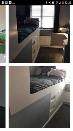 four different shots of a bedroom with bunk beds