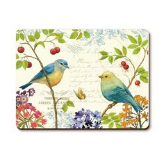 two birds sitting on top of a tree next to flowers and leaves with a butterfly in the background