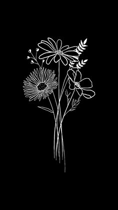 a black and white drawing of flowers on a dark background