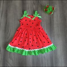 New Boutique Item Girls Boutique Red & Green Watermelon Dress Playful Red Sundress For The Beach, Cute Red Sundress For The Beach, Cute Red Sundress For Beach, Cute Red Beach Sundress, Cute Strawberry Print Dress For Vacation, Cute Strawberry Print Vacation Dress, Sweet Style Green Summer Dress, Cute Red Sleeveless Sundress, Sweet Green Summer Dress