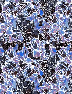 an abstract painting with blue, purple and white flowers in the center on a black background