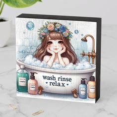 a greeting card featuring a girl taking a bath