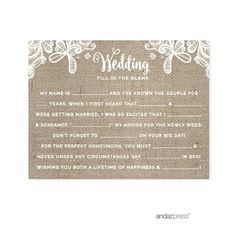 a card with the words wedding written in white ink on burlock and lace