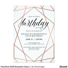 the modern wedding reception card is shown in rose gold foil and features an abstract geometric design