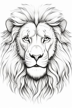 a black and white drawing of a lion's face with long manes on it