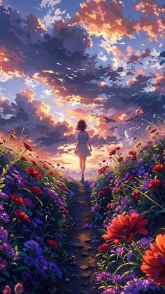 a woman standing in the middle of a field full of flowers with clouds above her