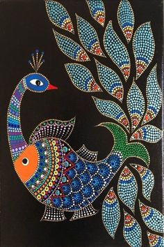 a painting on a black background with blue, orange and green colors in the shape of a peacock