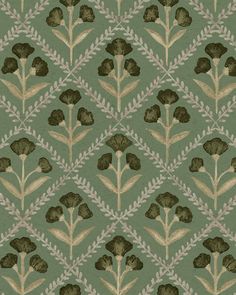 a green and beige floral pattern with leaves