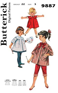 Butterick 9887 Size 3 1960s Girls Art Smock Dress Pants - Etsy Ruffled Dress Pattern, Smocking Pattern, Christmas Elf Doll, Art Smock, Girl Dress Pattern, Vintage Girls Dresses, Girls Smock, Womens Clothing Patterns, Vintage Dress Patterns