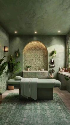 a bathroom with green walls and rugs on the floor, potted plants next to the bathtub