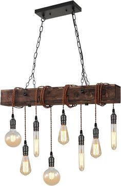 a wooden light fixture with five bulbs hanging from it's end and four lights on each