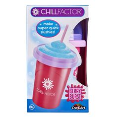 a box with a red cup filled with blue powder and a pink straw in it