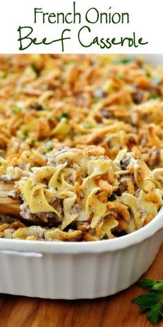 a casserole dish filled with pasta and mushrooms