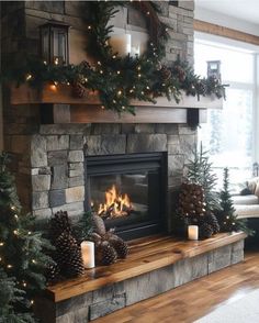 Christmas Fireplace Mantels Cozy, Candlestick On Mantle, Fireplace Country Farmhouse, Fire Insert Ideas, Fireplace Dog Bed, Rustic Fireplace Mantle Decor, Country Christmas Fireplace Decor, Home Decor Ideas Living Room Fireplace, Decorated Mantels For Christmas