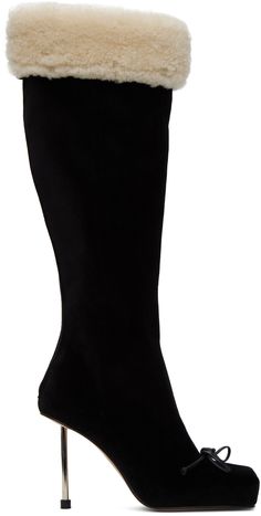 Knee-high velvet boots in black. · Square toe · Bow accent at vamp · Faux-shearling trim at collar · Zip closure at heel · Grained leather lining · Metal stiletto heel with rubber injection · Leather sole · Heel: H3 Part of the Guirlande collection. Supplier color: Black Boots Shiny Black, Luxury High Heel Chelsea Boots With Sculpted Heel, Shoes Heel Boots, Luxury Calf Leather Knee-high Boots With Reinforced Heel, Luxury Classic Knee-high Boots With Sculpted Heel, Luxury Heeled Boots With 4-inch Heel And Medium Width, Luxury Heels With Sculpted Heel And Ankle Tie, Luxury Medium Width Heeled Boots With 4-inch Heel, Miss Ceo Knee High Boots