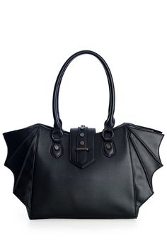 PRICES MAY VARY. The Winged Edges of this Gothic Handbag Create a Bat Like Shape. The Bag Measures Approximately 18" x 11" x 4" with a Shoulder Strap Drop of 8". The Bag has a Zipper Closure with Magnetic Snap and 4 Metal Studs at the Base. A Detachable, Adjustable Shoulder Strap is Included to Transform this Shoulder Bag into a Hands Free Crossbody Purse. 2 Opens Pockets and 1 Zippered Pocket Inside. 1 Zippered Pocket on the Outside. Made of Vegan Leather. Fly Into the Night with this Stunning Bat Silhouette, Trapeze Bag, Gothic Bag, Cute Wallets, Bat Wing, Black Crossbody Purse, Black Bat, Black Shoulder Bag, Bag Handle