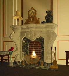 a living room with a fireplace, mantle and chairs next to a clock on the wall