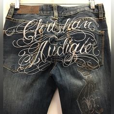 Silver Embroidered And Embellished Jeans Size 29/34 Bought Them Never Wore Them Slightly Distressed Grafitti On Clothing, Embroidered Baggy Jeans, Custom Distressed Jeans, Christian Audigier Jeans, Jean Designs, Random Clothes, Streetwear Jeans, Custom Jeans, Christian Audigier