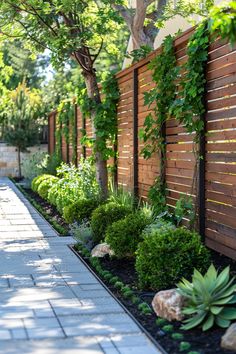 an outdoor garden with wooden fence and plants on the sides, along side a brick walkway