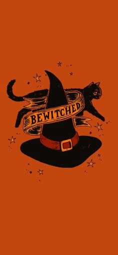 an orange background with a black cat and witch hat on it's head that says bewitched