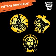 the three faces of jesus, mary and jesus on black background with orange paint strokes