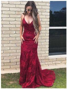 Looking for the latest Spaghetti Straps V-neck Open Back Lace Floor-length Mermaid Prom Dress online? Shop best formal dresses and gowns at Biztunnel. All Styles & Size, 100% Tailor-Made, Buy Now! Red Lace Prom Dress, Prom Dress With Train, Burgundy Prom, Red Mermaid, Mermaid Prom Dresses Lace, Backless Evening Dress, Burgundy Prom Dress, Lace Prom Dress, Backless Prom Dresses