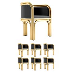 a set of six chairs with black seats and gold frames, all in different positions