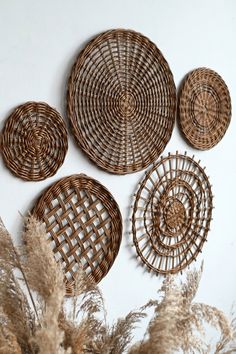 four woven baskets hanging on the wall next to dried grass and pamylum stalks