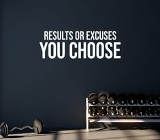 there is a black wall with the words results or excess you choose and dumbbells