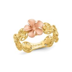 A plush rose pink gold flower is the main centerpiece of this floral inspired ring crafted in shimmering 14 karat yellow gold. This 14K gold ring weighs 2.40 grams. 14K Yellow and Pink Gold Plumeria Flower Ring Size: 7.  Gender: female.  Age Group: adult. Gold Floral Jewelry, Fine Jewelry Flower Shaped Rose Gold Rings, Rose Gold Flower Shaped Fine Rings, Fine Jewelry Rose Gold Flower Ring, Rose Gold Flower Shaped Fine Jewelry Ring, 14k Rose Gold Flower Shaped Ring, 14k Rose Gold Flower Ring, Promise Rings Gold, Emily Garcia