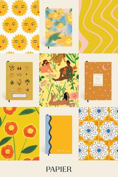 various patterns and designs are featured in the same color scheme, including sunflowers