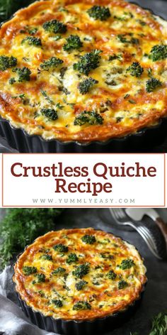 two pictures of a quiche with cheese and broccoli