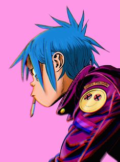 a man with blue hair and piercings is looking at something in his mouth while wearing a purple jacket