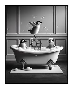 black and white photograph of three birds in a bathtub with bubbles floating from the tub