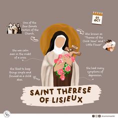 the saint therese of lisieux is depicted in this cartoon, with other symbols surrounding it