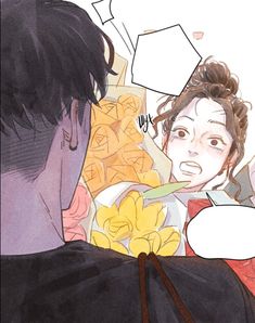 an image of a man talking to a woman with flowers in her hair and another person looking at him