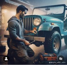 a man working on an old jeep in the rain with his tool box and hammer