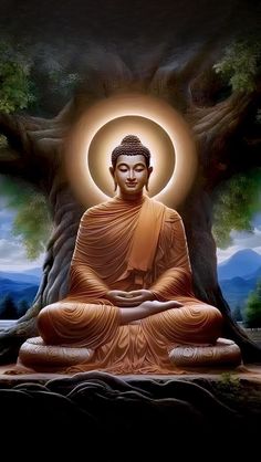 a buddha statue sitting under a tree with the light shining on it's head