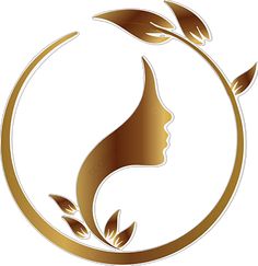 a woman's face in a circle with leaves on the side and gold foil