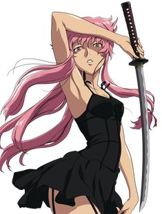 a drawing of a woman with long hair holding a knife and wearing a black dress