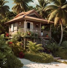 a house surrounded by palm trees on the beach