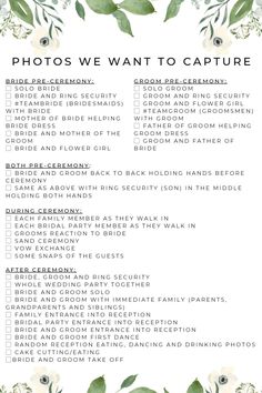 the wedding photo checklist is shown in green and white with flowers on it's side